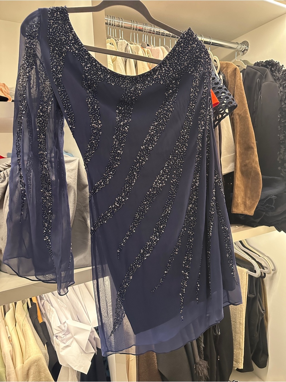 Navy Beaded One-Shoulder Cocktail Gown